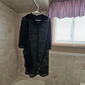 Krista Size 3X Black Lace Beach Cover-Up With Hood